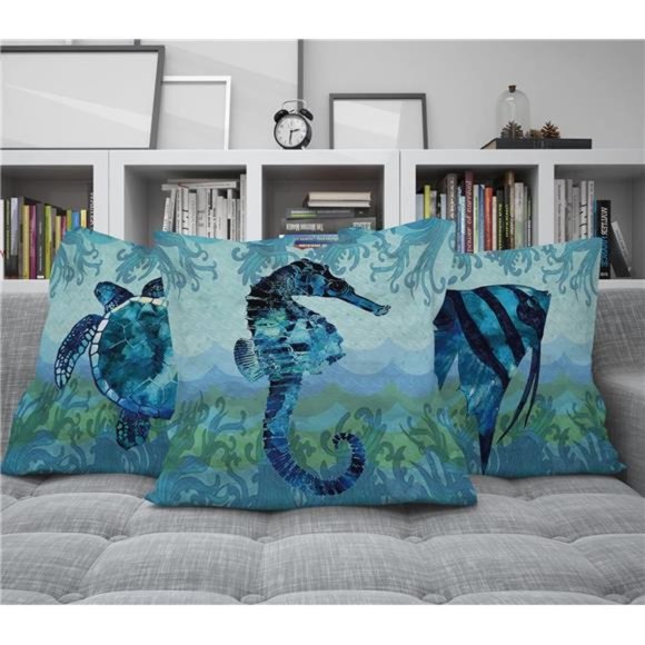 4 Pcs  Beach Throw Pillow Covers 18x18 Coastal Theme Pillow Cases Blue Green - Picture 5 of 6